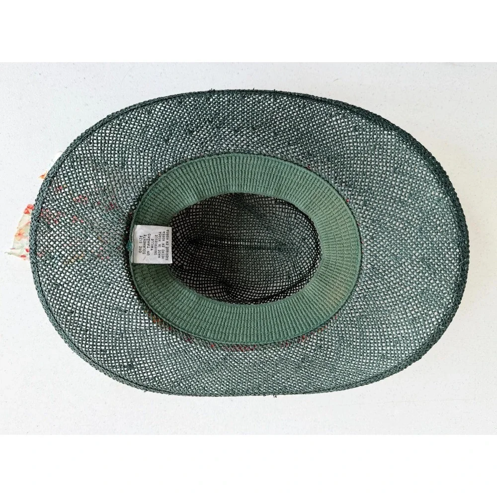 Vintage Straw Mesh Golf Hat Dark Green Floral Band One Size Whimsy Cottagecore
